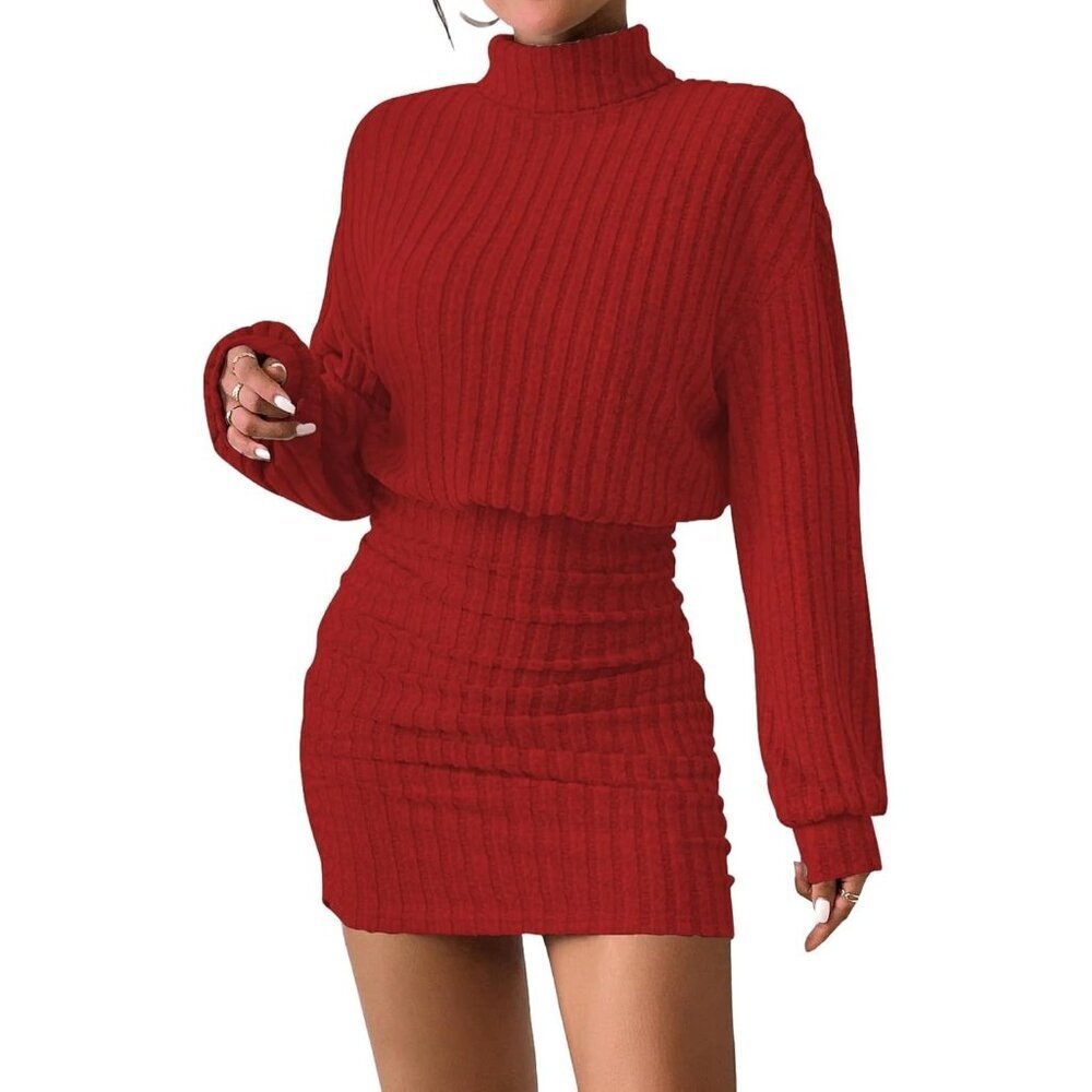 Women Rose Pink Long Sleeve Turtle Neck Cute Ribbed Knit Pullover Sweater Dress